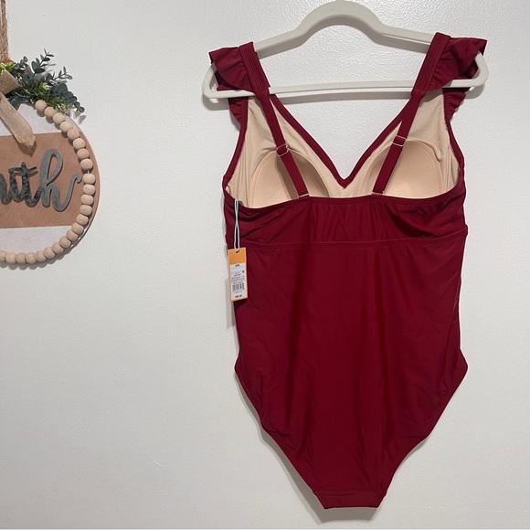 Kona Sol One Pc Ruffle Shoulder Swimsuit Sz 16W Ruched Brick Red - Picture 6 of 10
